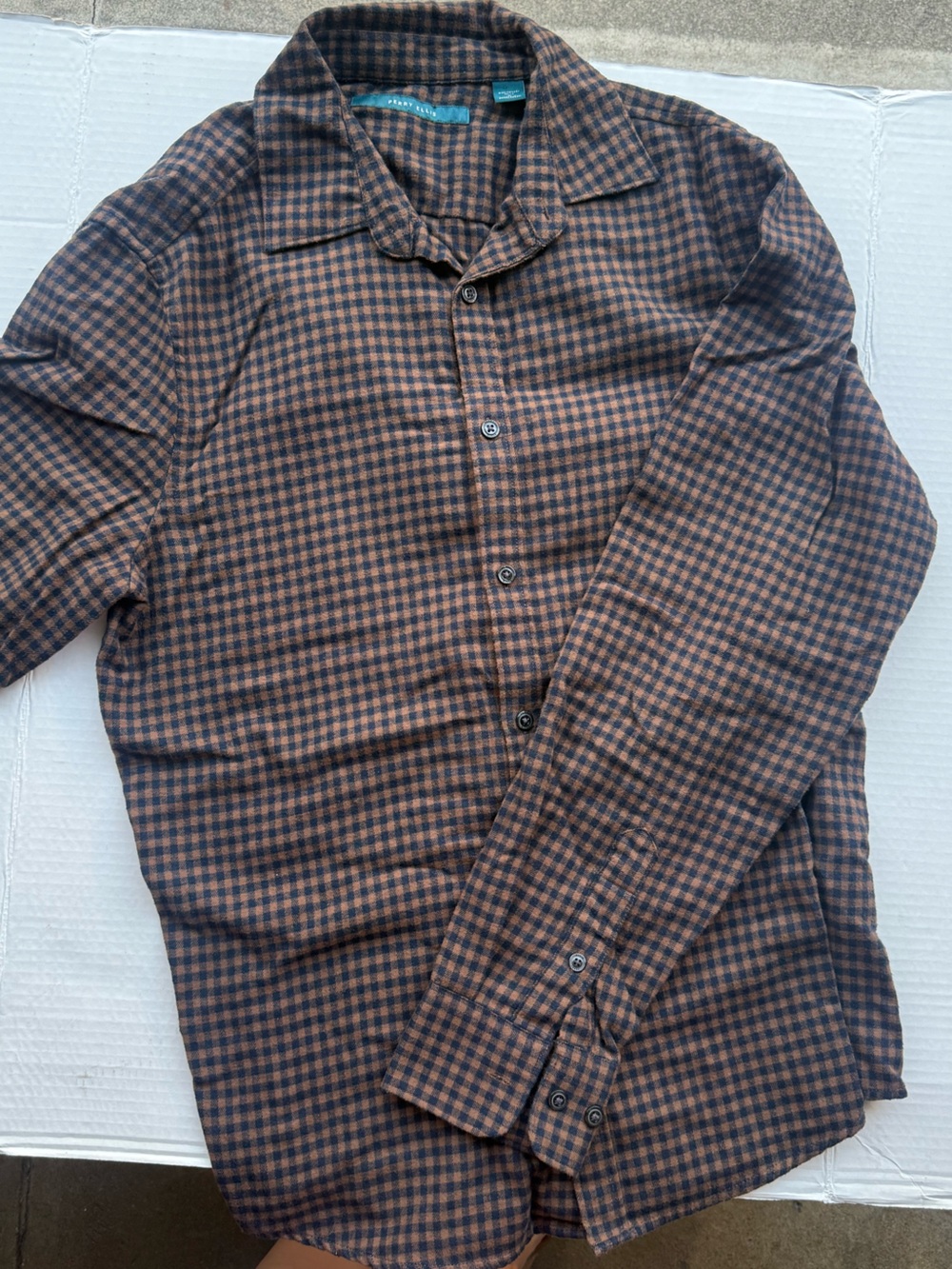 Perry Ellis Brown and Black Checked Casual Button-Down Shirt